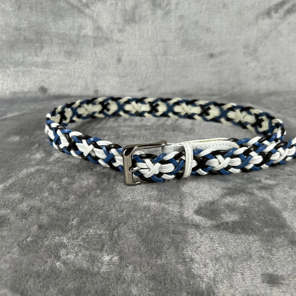 Talbots Womens Small Braided Leather Belt Blue White Brown Woven 6023